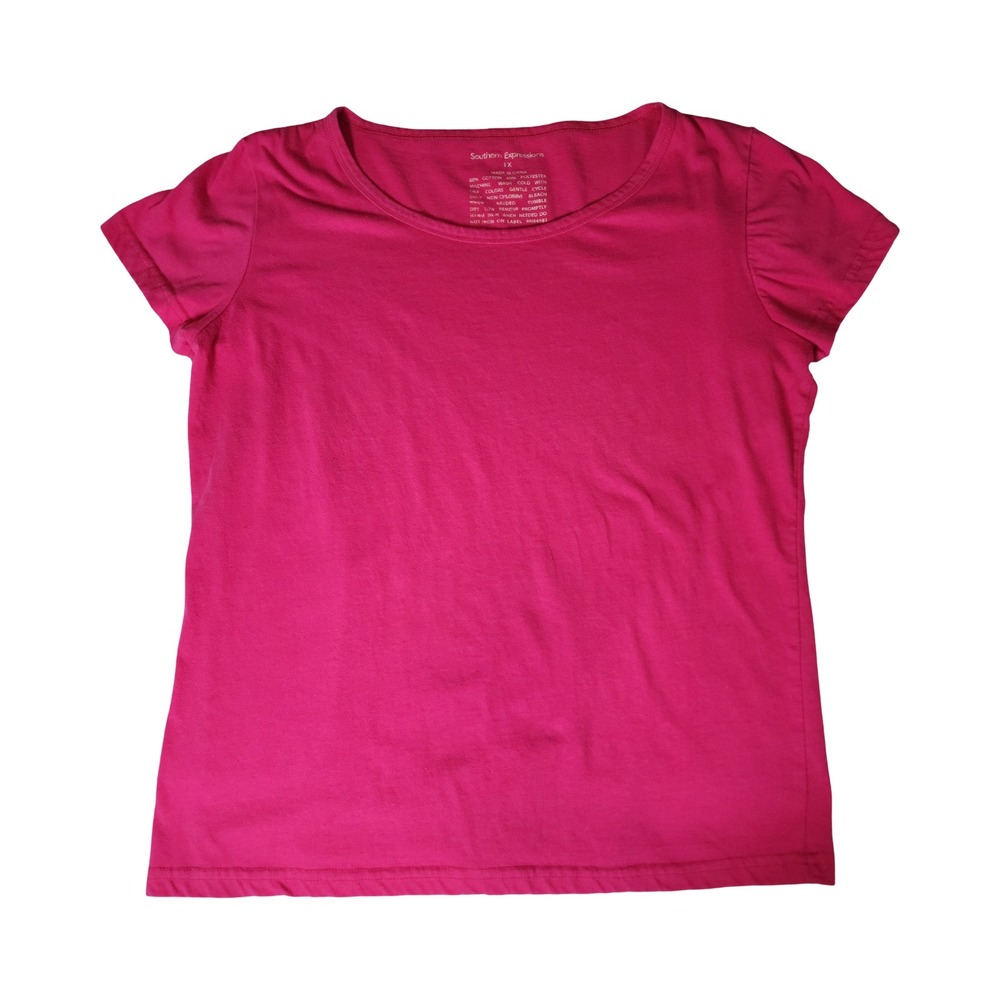 Southern Expressions Womens 1X Hot Pink Scoop Neck Short Sleeve Puff T-Shirt